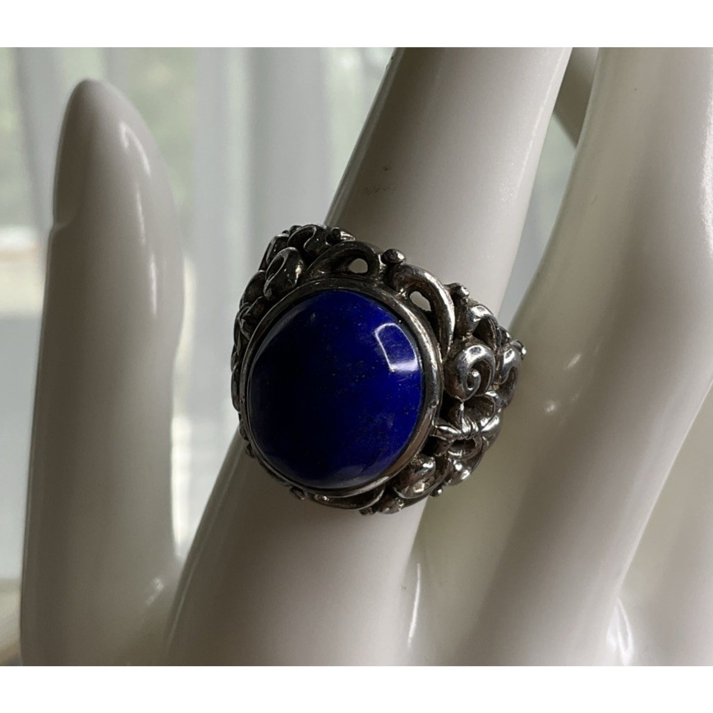 Vintage Lapis Lazuli Sterling Silver Ring Thailand J Filigree Statement Size 7.5