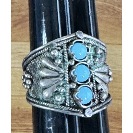 Vintage Tribal Sterling Silver 3 Stone Turquoise Saddle Ring Afghan Kuchi Sz 8