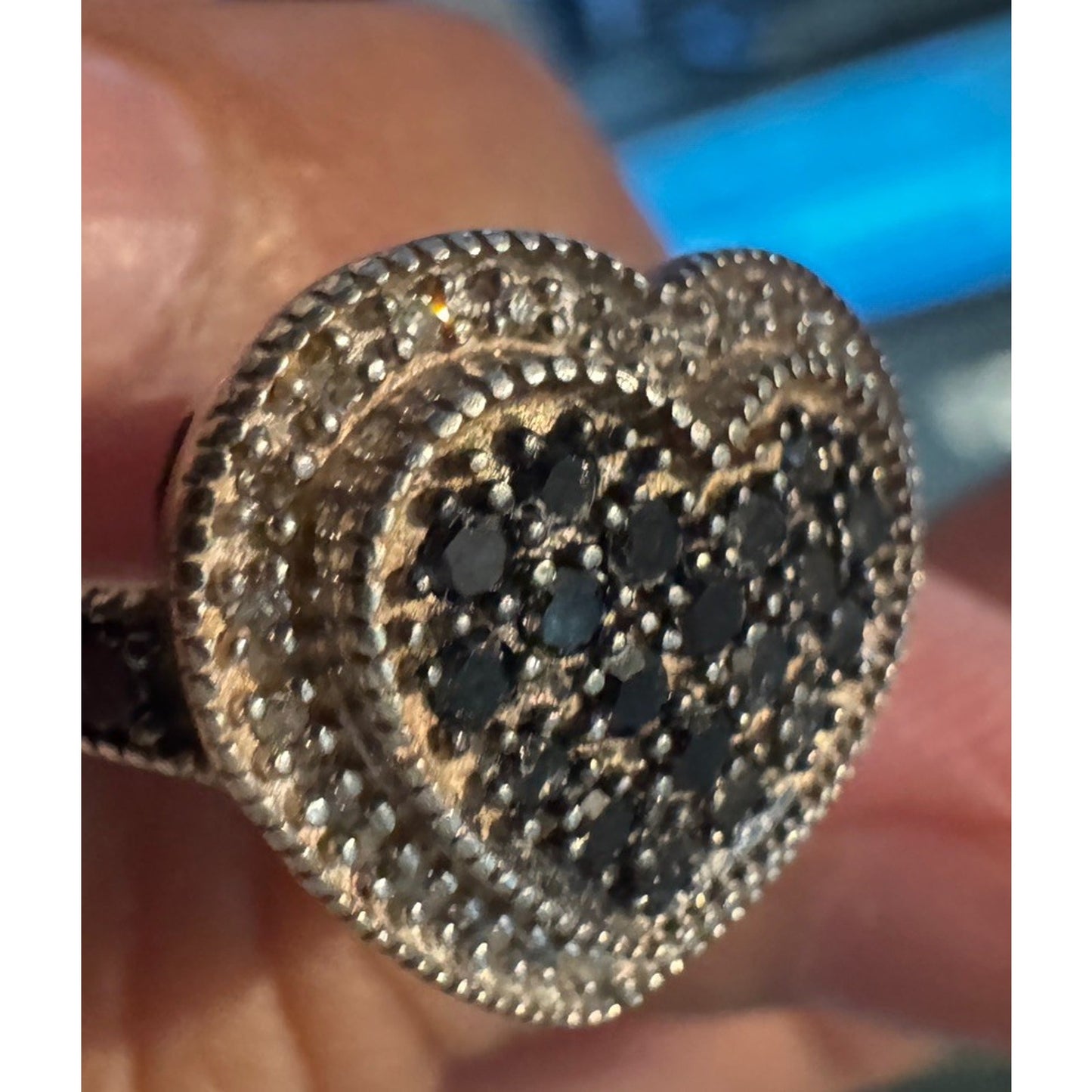 Vintage Sterling Silver Black and White Moissanite Heart Cluster Ring Size 7.5
