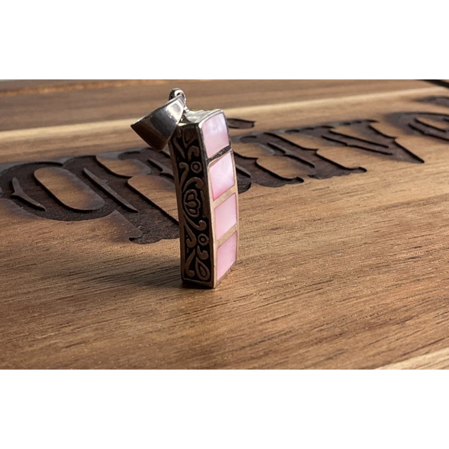 Vintage 925 Sterling Silver Pink Mother of Pearl Inlay Pendant Rectangular