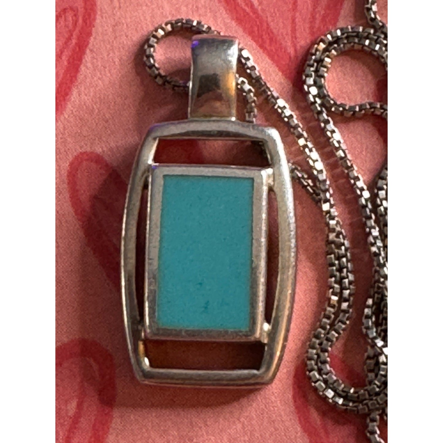 Sterling Silver 925 Rectangular Turquoise Pendant Necklace Thailand on Box Chain
