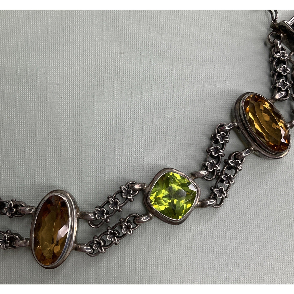 Vintage Sterling Silver Citrine Peridot Gemstone Double Chain Bracelet