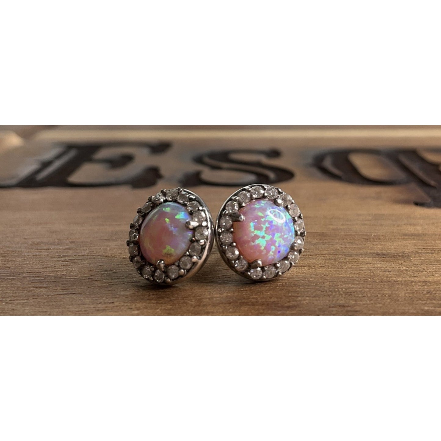 Sterling Silver Opal Halo Stud Earrings Round Fire Opal 925