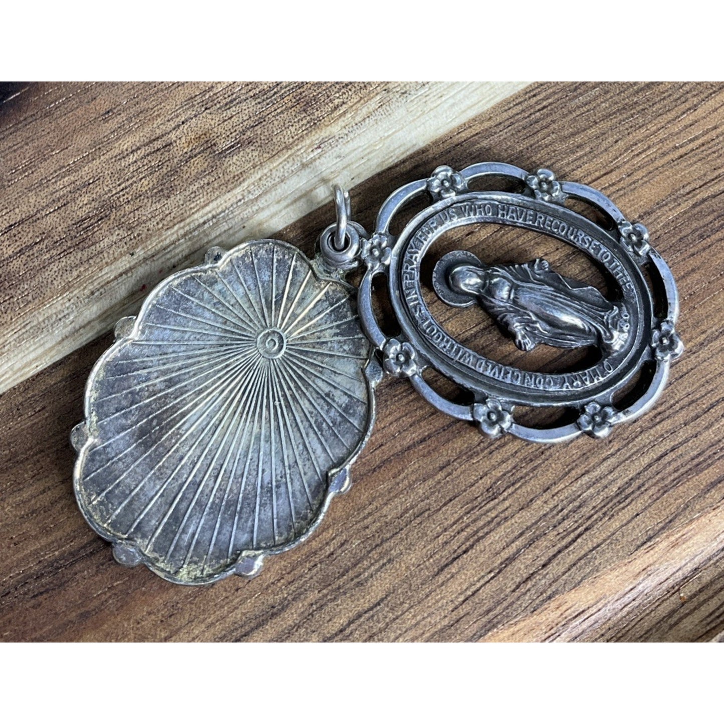Vintage Sterling Silver Miraculous Mary Pendant Ornate Frame Catholic Charm