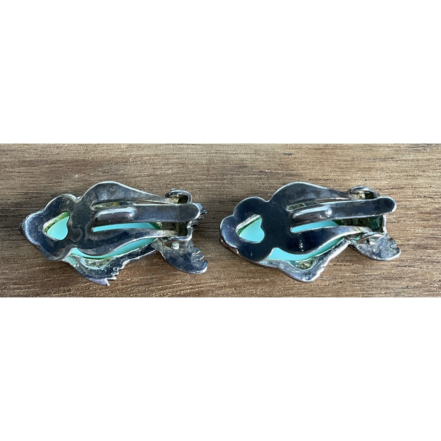 Vintage Sterling Silver Fish Coastal Clip On Earrings Aqua Green Gemstones 10g
