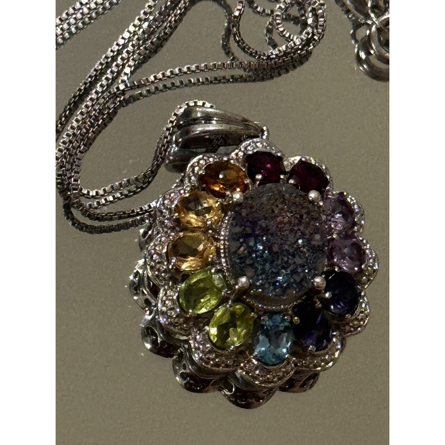 Vintage Victorian 925 Sterling Rainbow Gemstone Druzy Pendant Necklace 18”