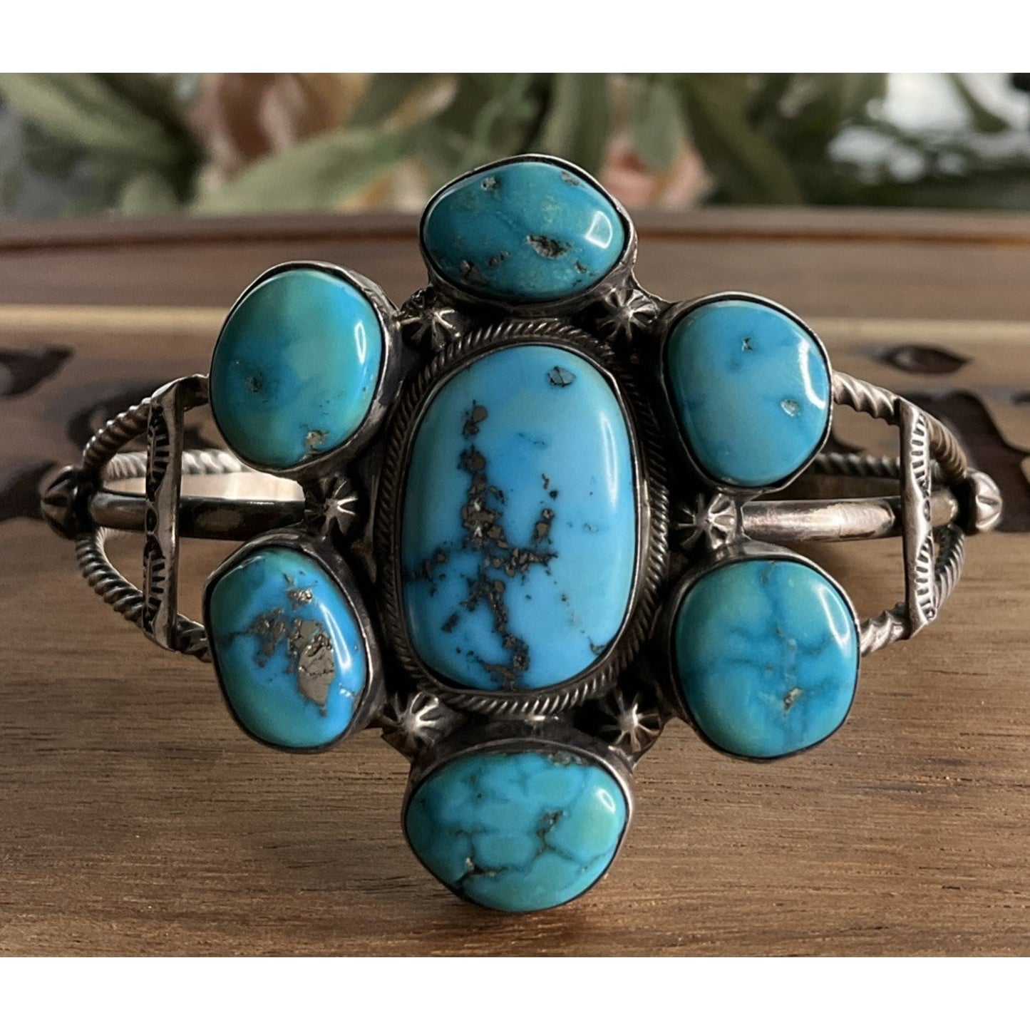 Vintage RB 925 Sterling Silver Turquoise Cluster Cuff Bracelet S/M