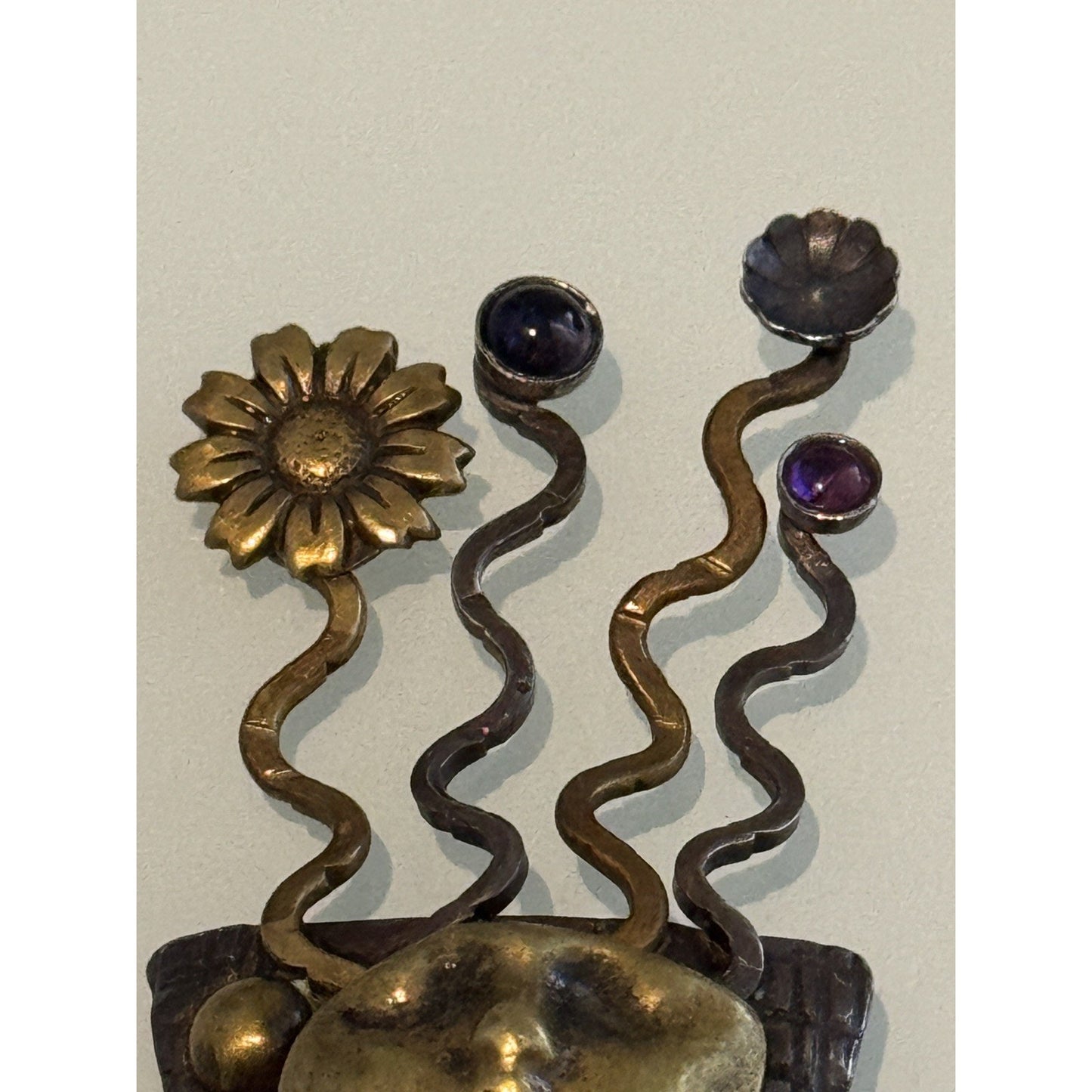 Mary Lucuk Sterlin Silver Brass Face Brooch Modernist Pin Amethyst Blue Canachon