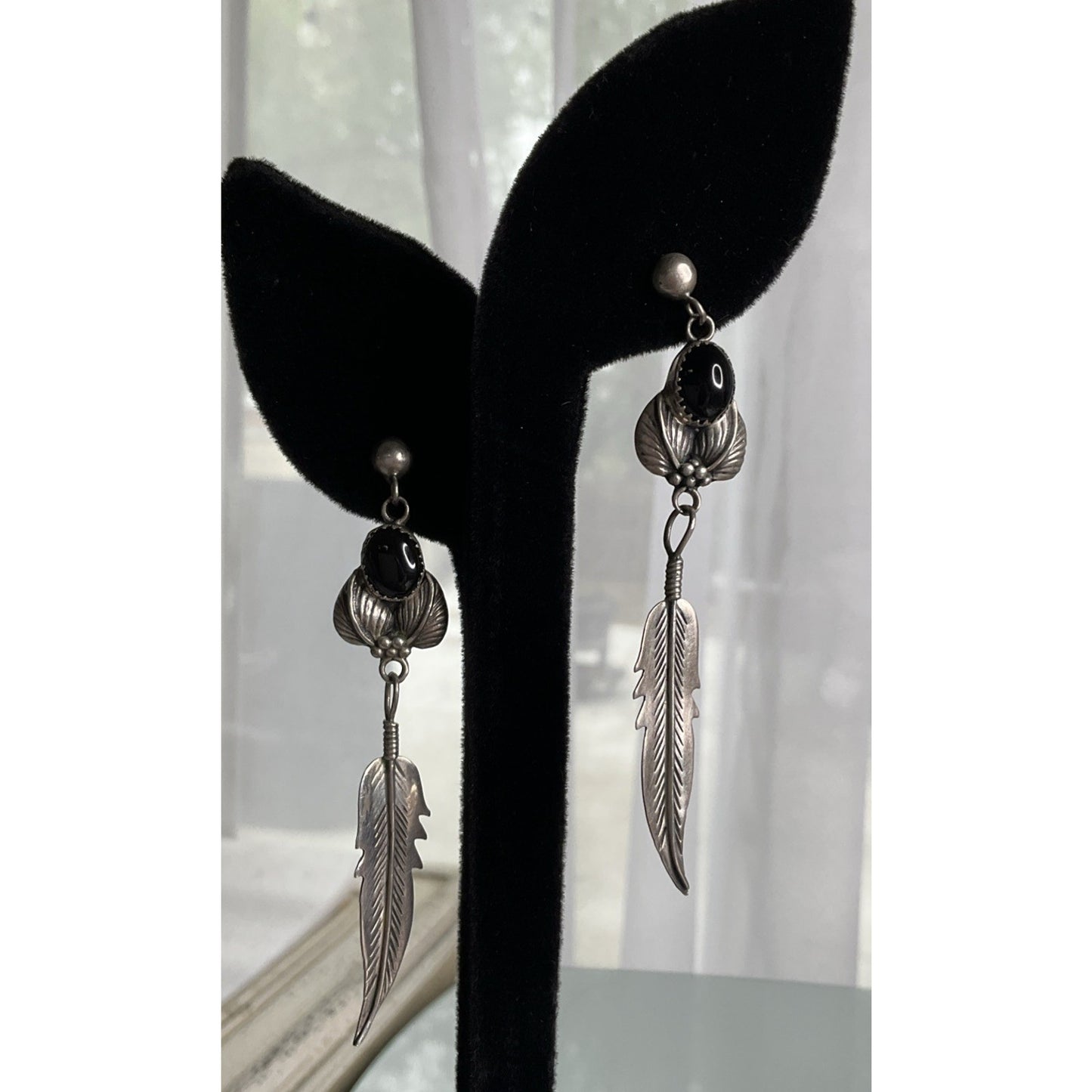 Lorena Sterling Silver Black Onyx Feather Dangle Earrings Southwestern Boho Drop
