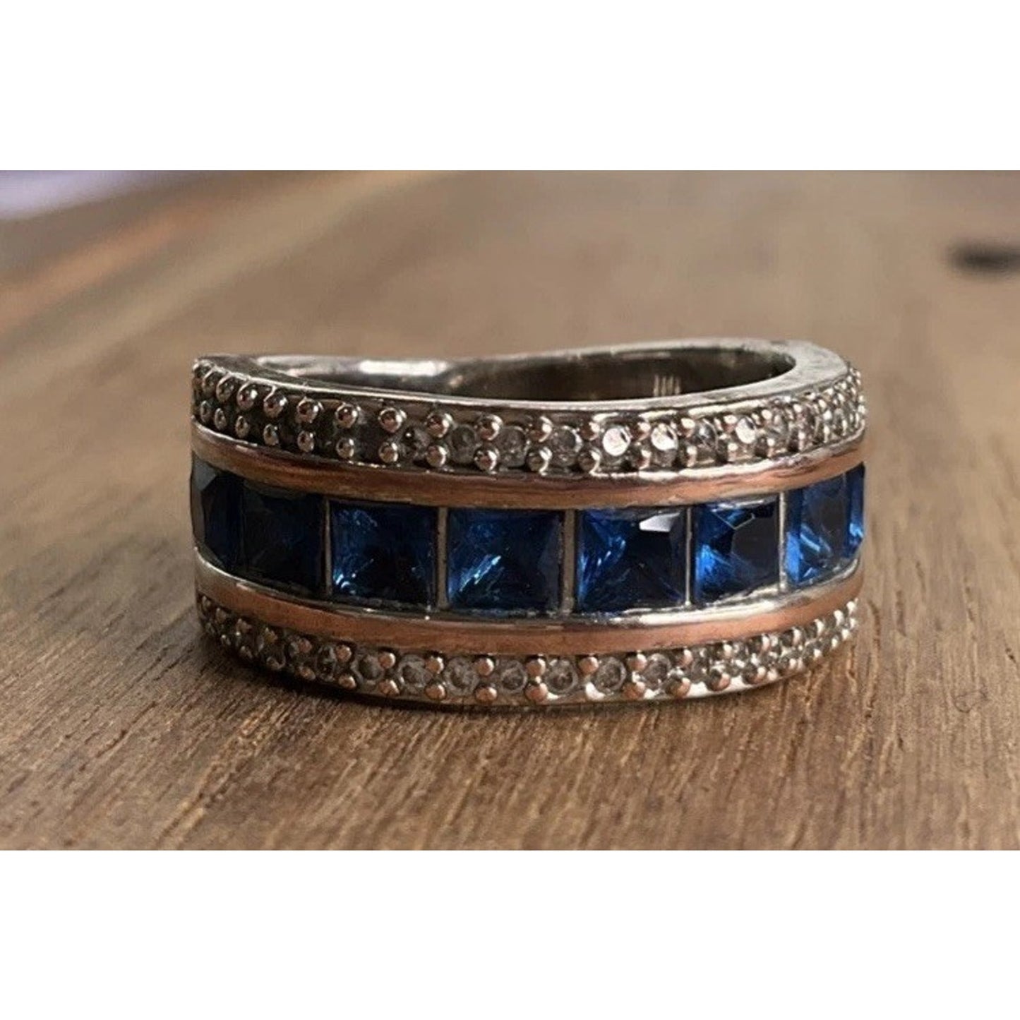 Sterling Silver Blue Stone Ring 925 Two Tone Band Size 6