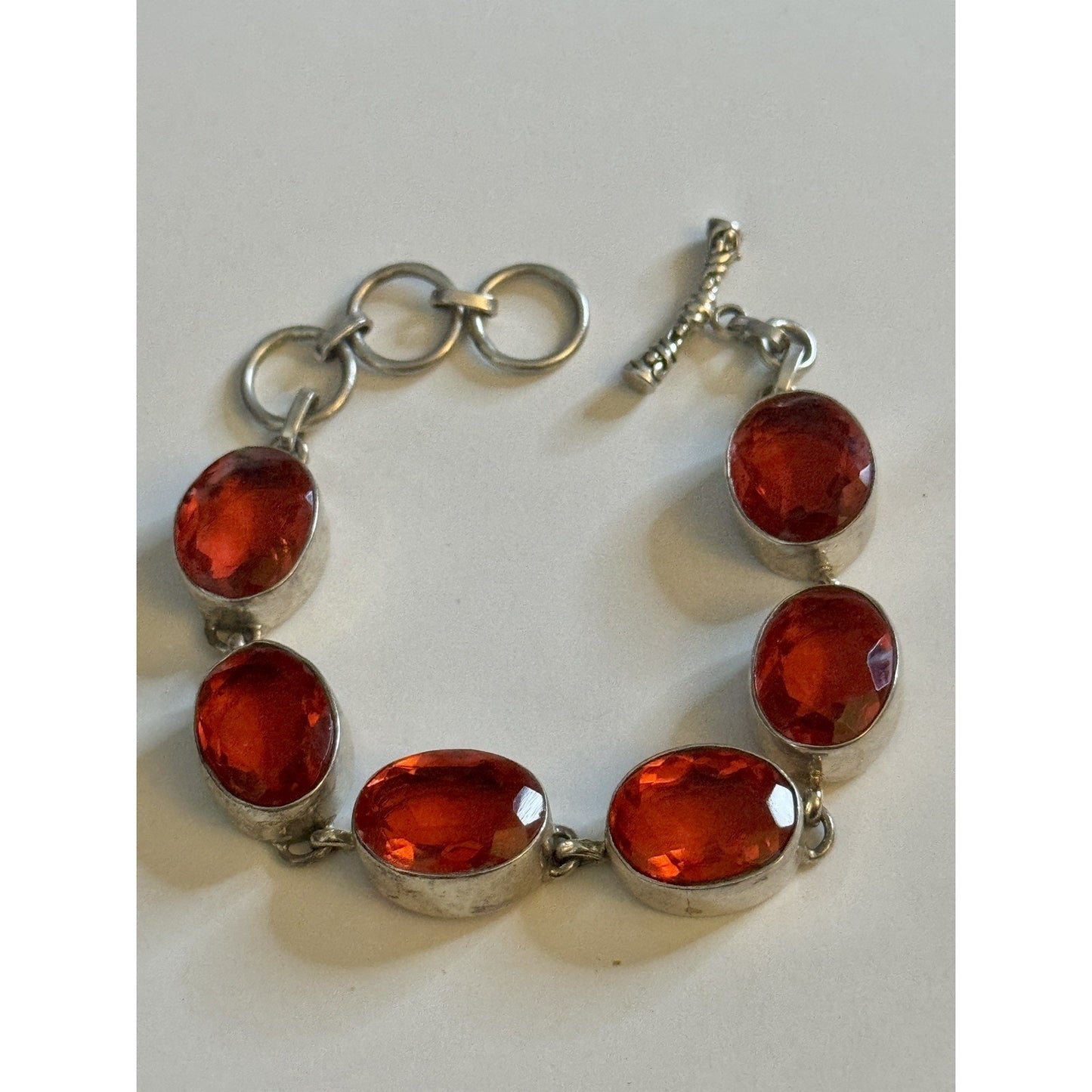 Sterling Silver 925 Orange Red Faceted Quartz Bracelet 30.5g Adjustable Toggle