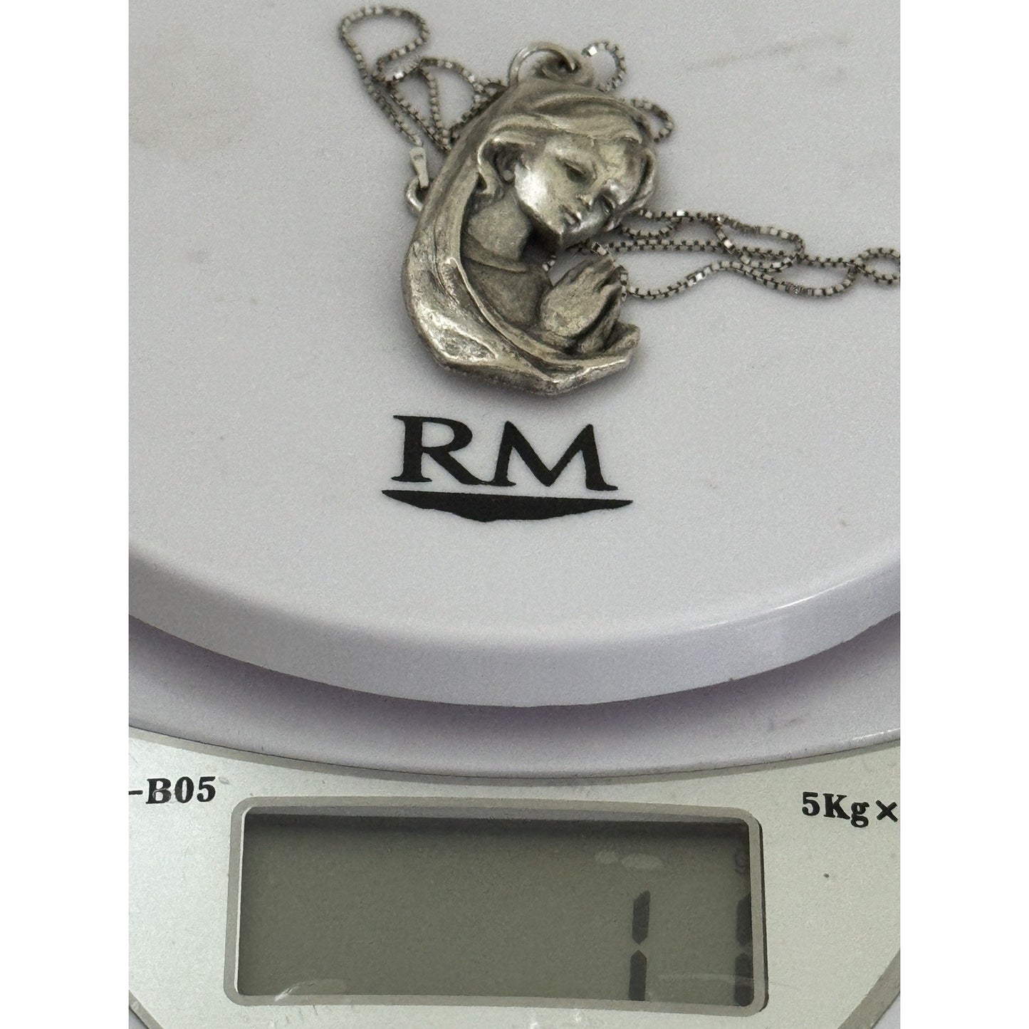 Vintage Italian Madonna Virgin Mary Pendant with Italy Sterling Silver Necklace