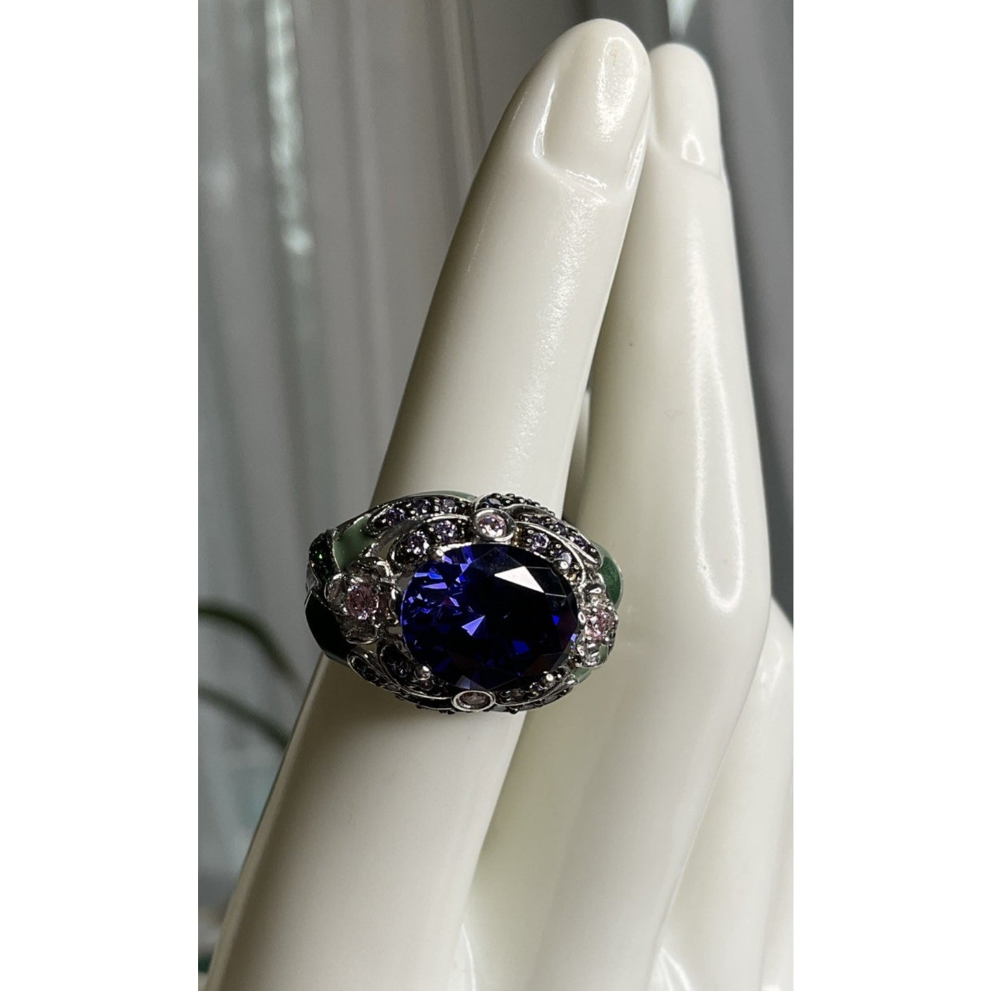 Sterling Silver 925 Blue CZ Cocktail Ring Ornate Enamel Statement Ring Size 6.5