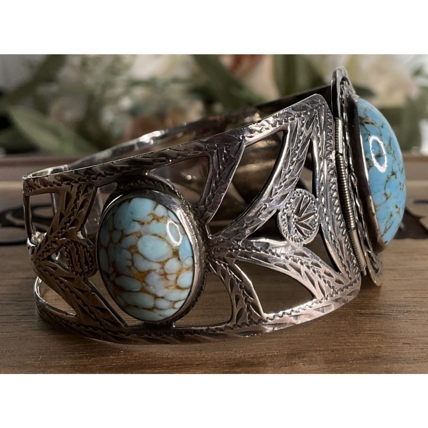 Vintage Taxco Mexico 925 Sterling Silver Turquoise Cuff Bracelet 38g