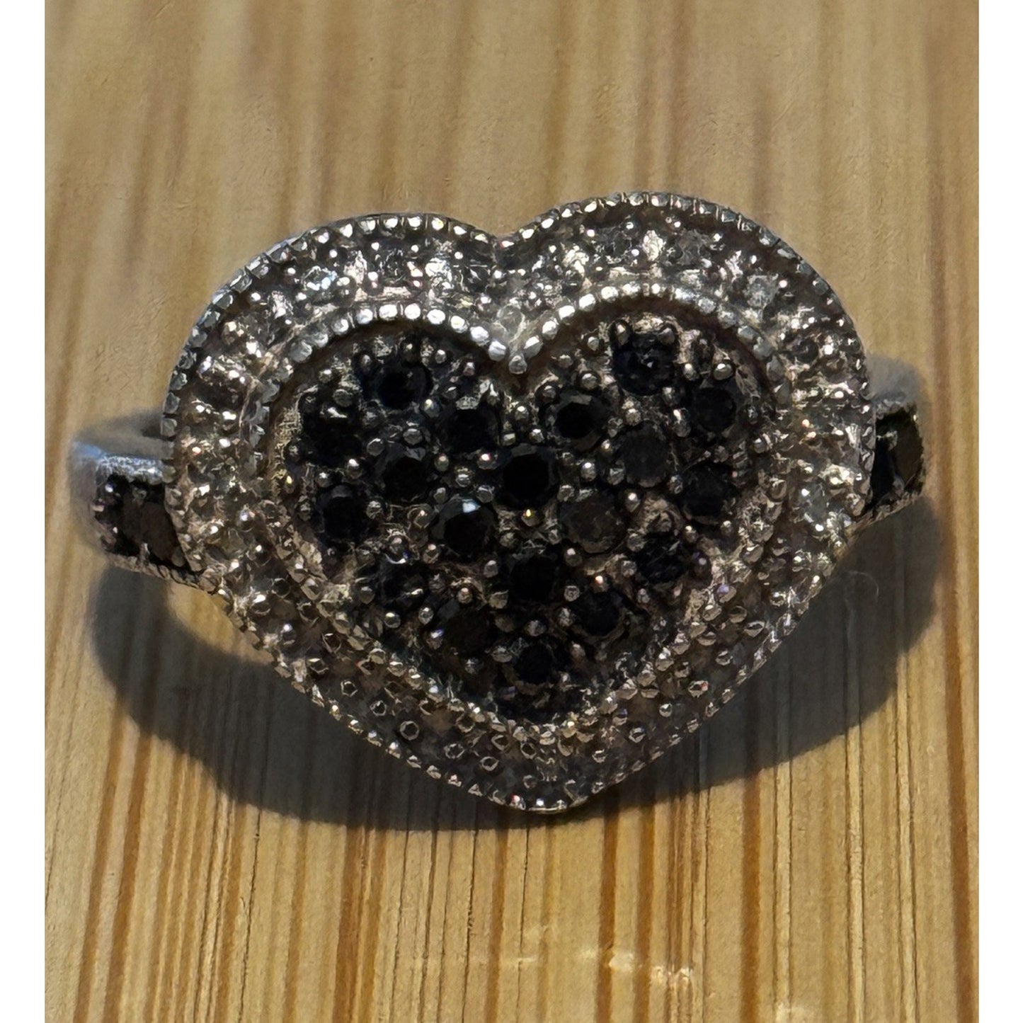 Vintage Sterling Silver Black and White Moissanite Heart Cluster Ring Size 7.5