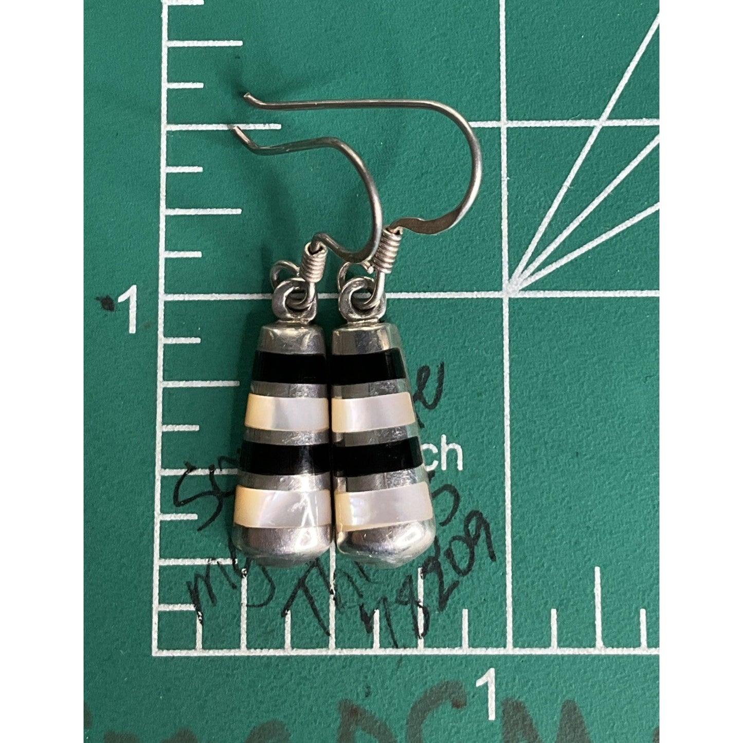 Vintage Zuni Black & White Onyx Mother of Pearl Inlay Signed PD Dangle Earrings