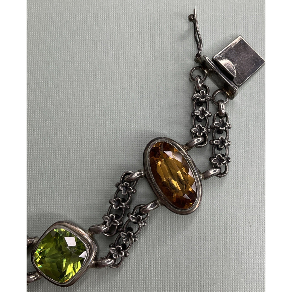 Vintage Sterling Silver Citrine Peridot Gemstone Double Chain Bracelet