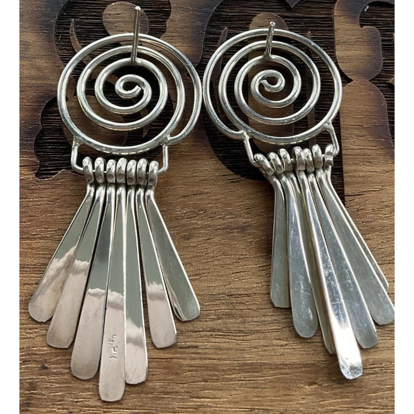 Vintage 925 Sterling Silver Spiral Dangle Earrings Fringe Boho Artisan Style 2”