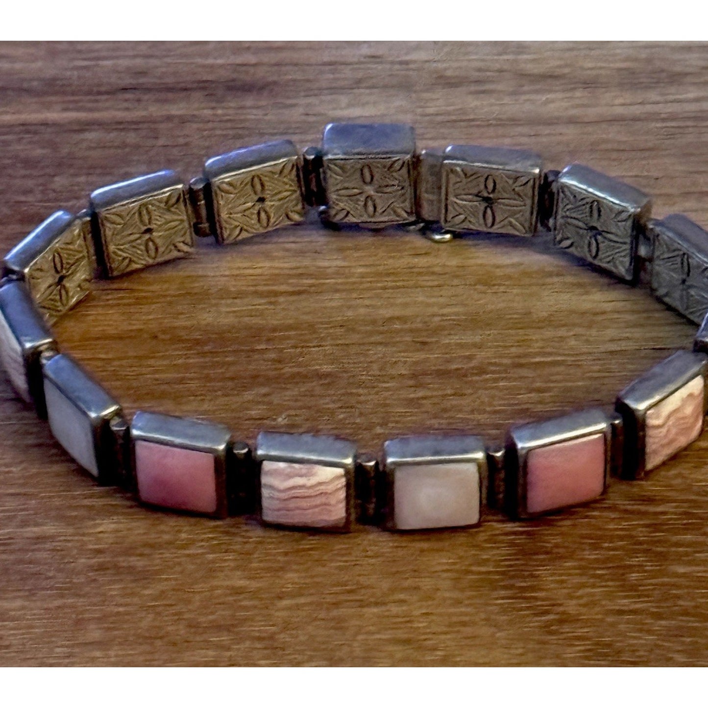 Sterling Silver Pink Shell & Stone Link Bracelet 7” WK 925 China 32.6g