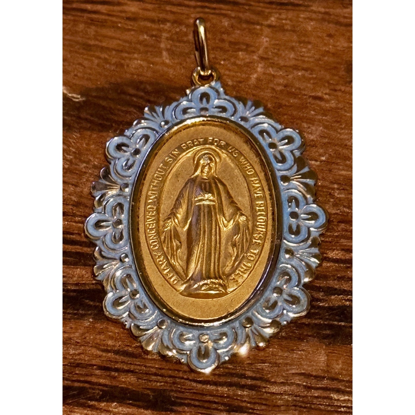 Vintage Germany Miraculous Medal Virgin Mary Gold Tone Blue Enamel Pendant