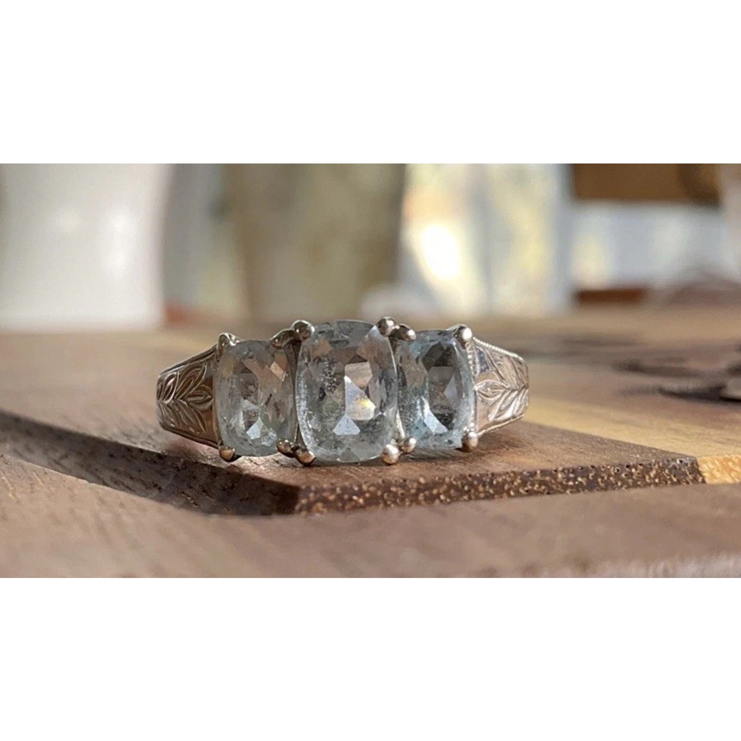 Vintage Style 3 Stone Ring 925 Sterling Silver Cushion Cut Trilogy Ring Size 7.5