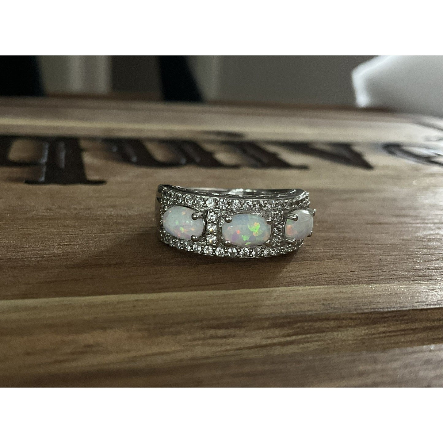 Signed SUN 925 Sterling Silver 3 Stone Oval Opal Ring Pave Size 6.5 Wide Band