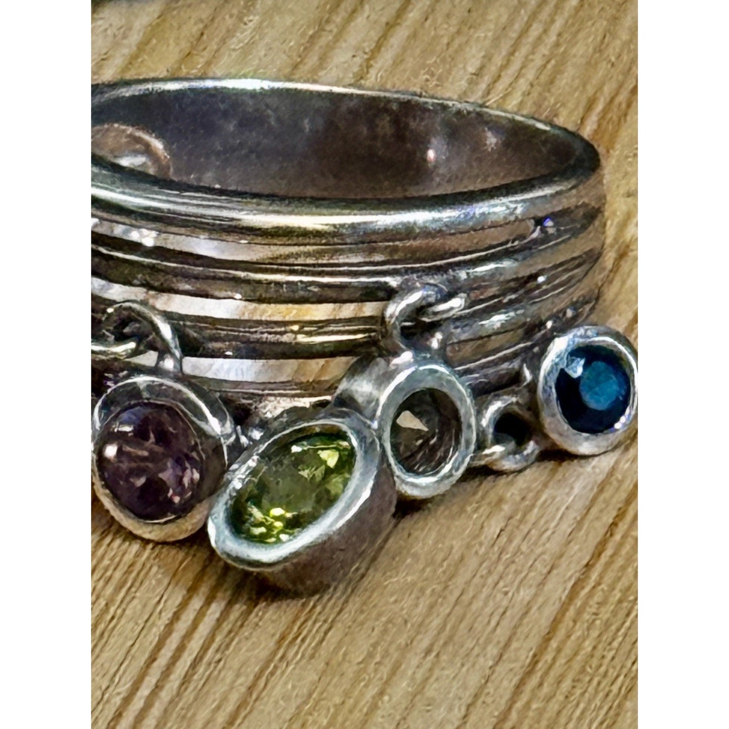 Vintage 90s Thai Sterling Silver Gemstone Dangle Ring Sz 8 Peridot Topaz Citrine