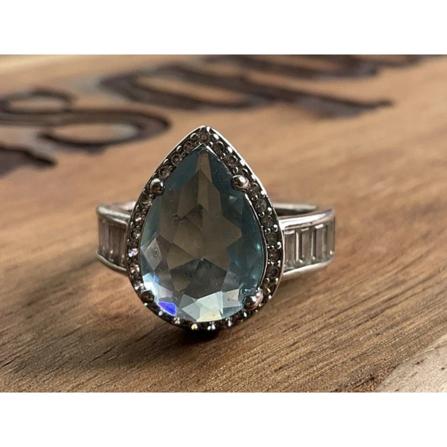 Vintage Blue Pear Cut Gemstone Halo Ring Sterling Silver Statement Ring Size 7