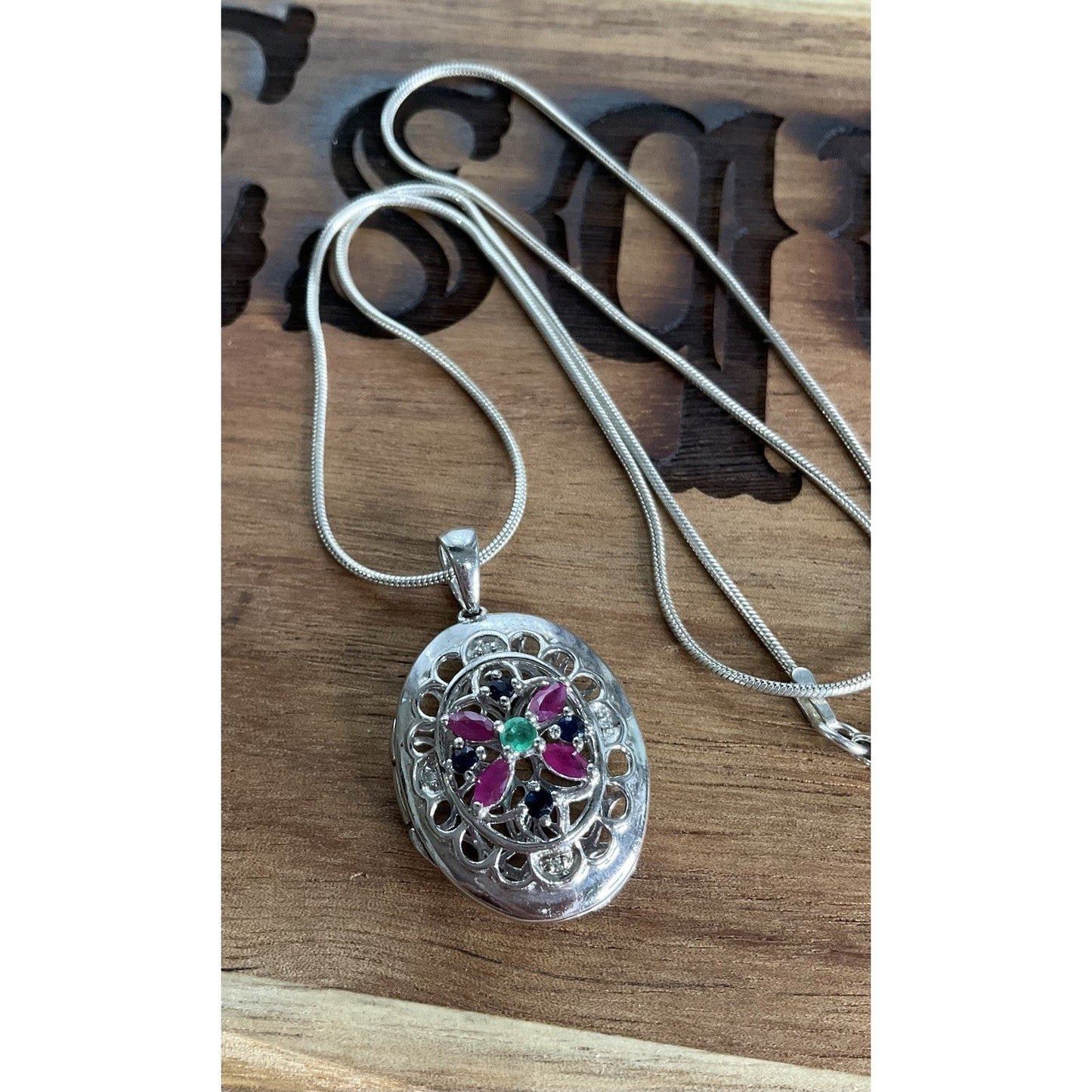 Vintage Sterling Silver Locket Necklace 925 Italy GRP Multi Stone