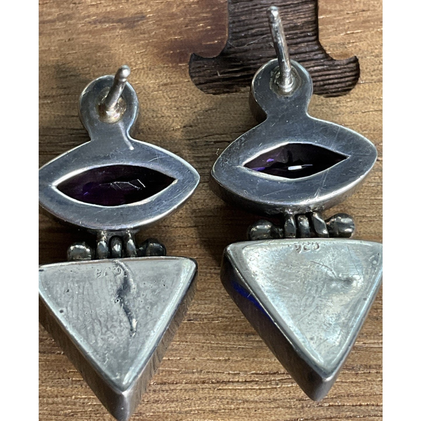 Vintage Sterling Silver Amethyst And Lapis Lazuli Modernist Dangle Drop Earrings