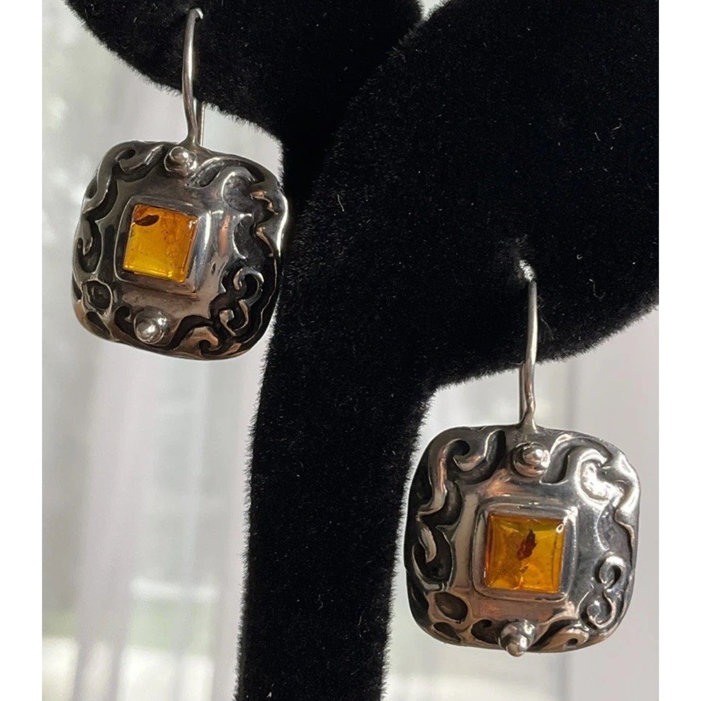 Silpada 925 Sterling Silver Amber Square Dangle Earrings