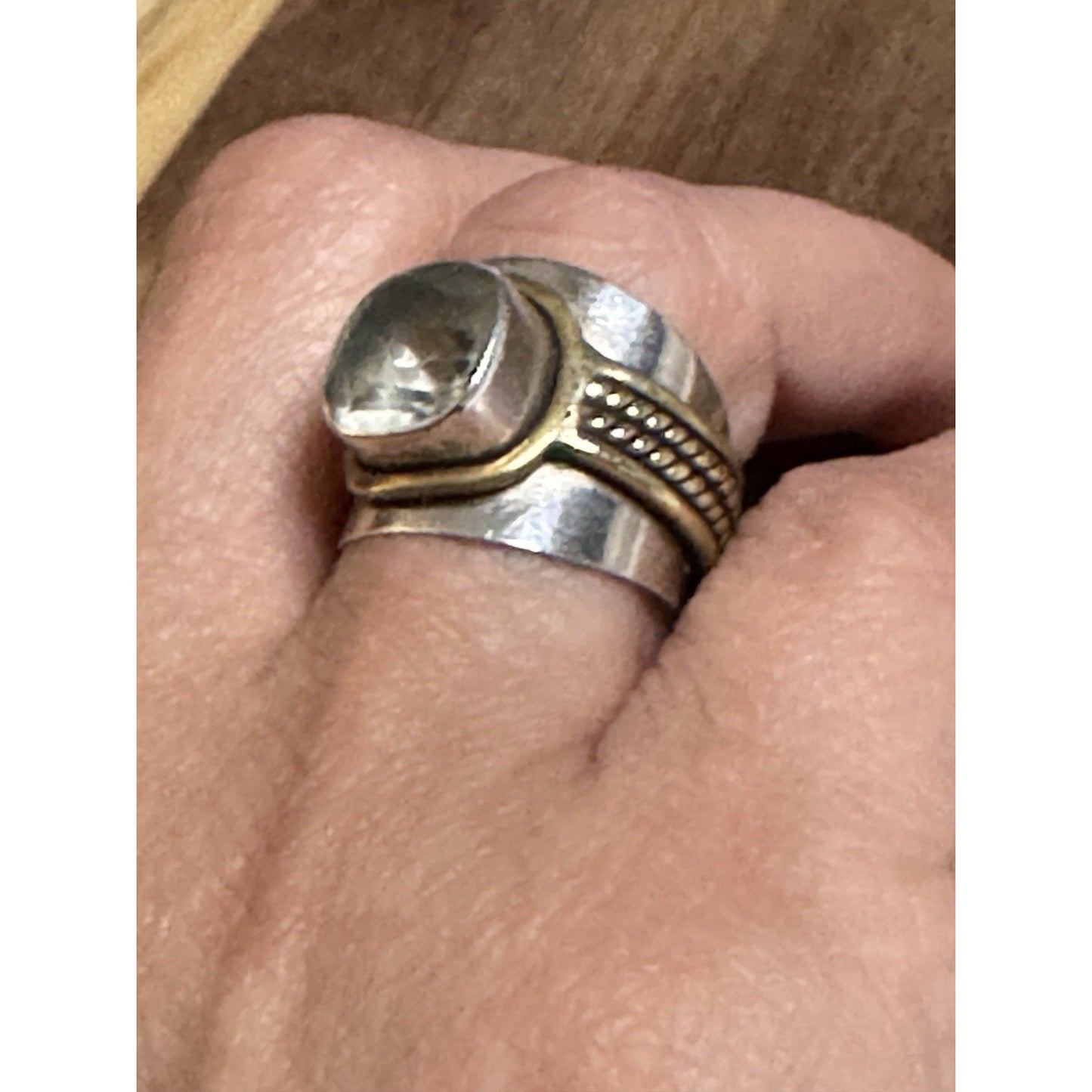 Vintage Sterling Silver & Brass Ring Green Amethyst Prasiolite Cushion Size 7.25