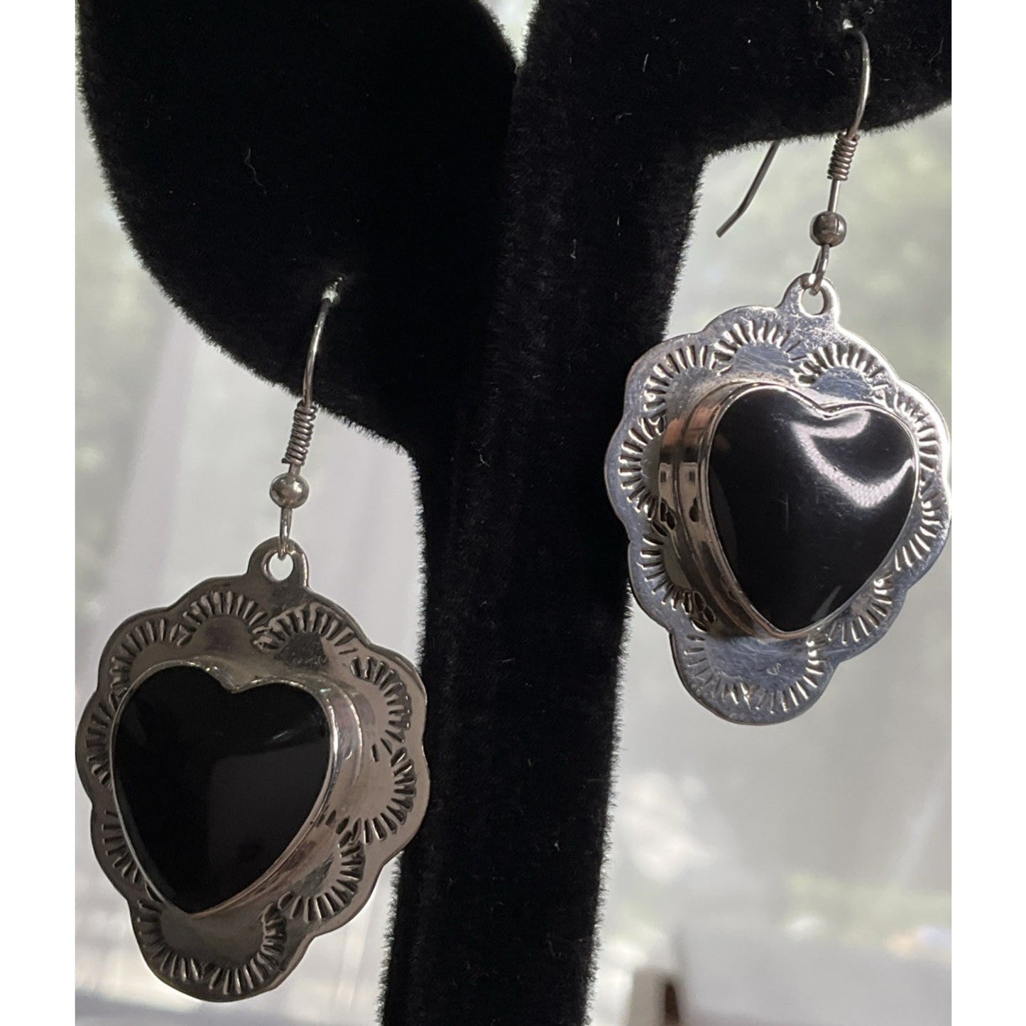 Vintage Native American Sterling 925 Black Onyx Heart Earrings Southwest 90s 13g