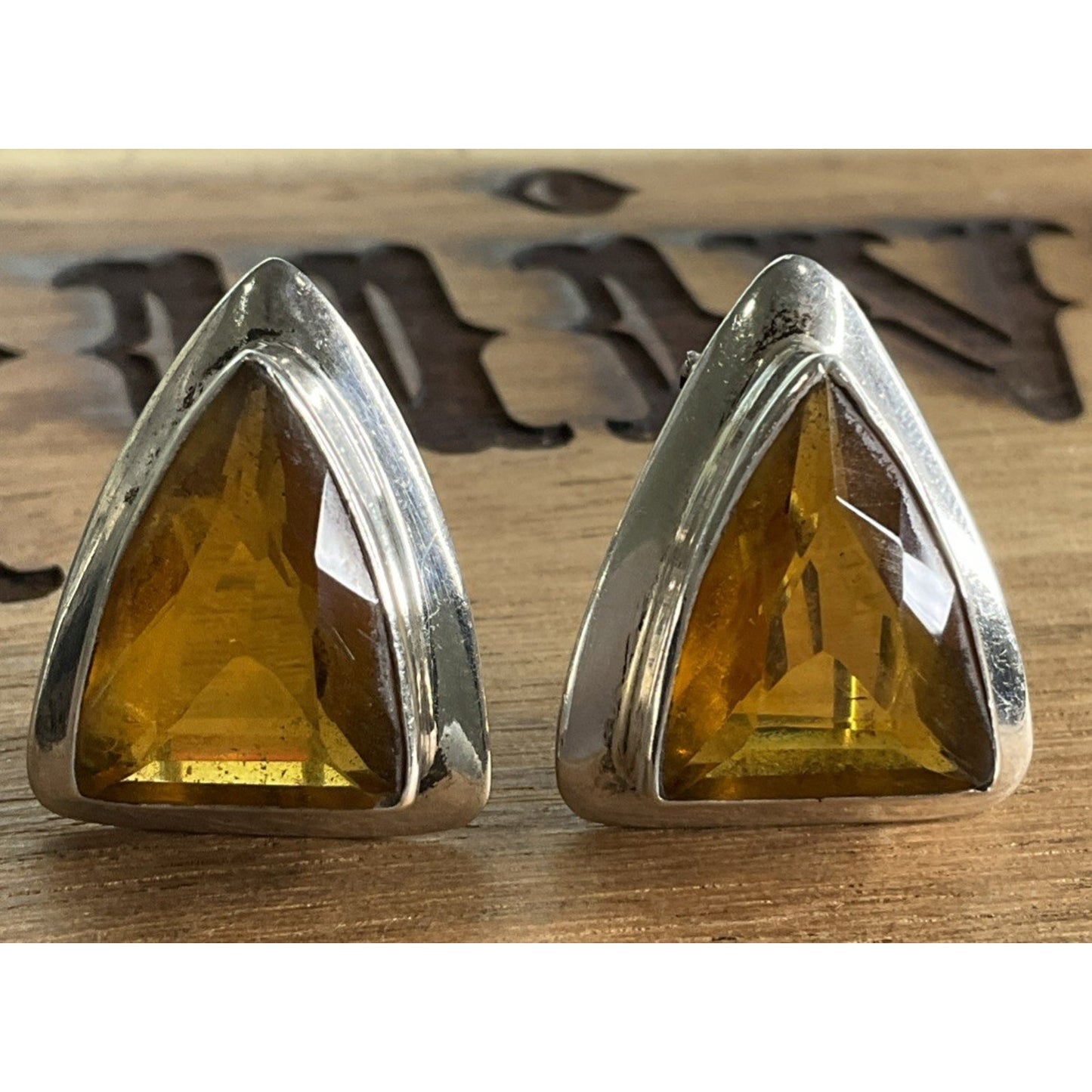 Vintage Sterling Silver Baltic Amber Honey Triangle French Clip Earrings 11g