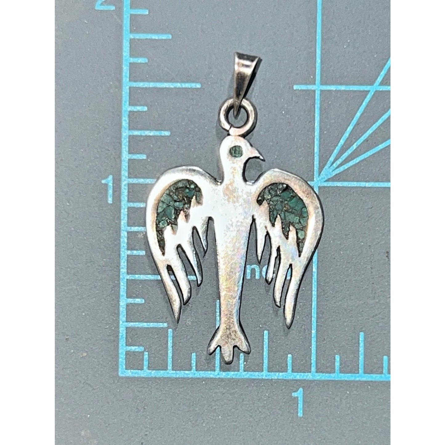 Vintage Sterling Silver Thunderbird Pendant Turquoise Chip Inlay ANT 925