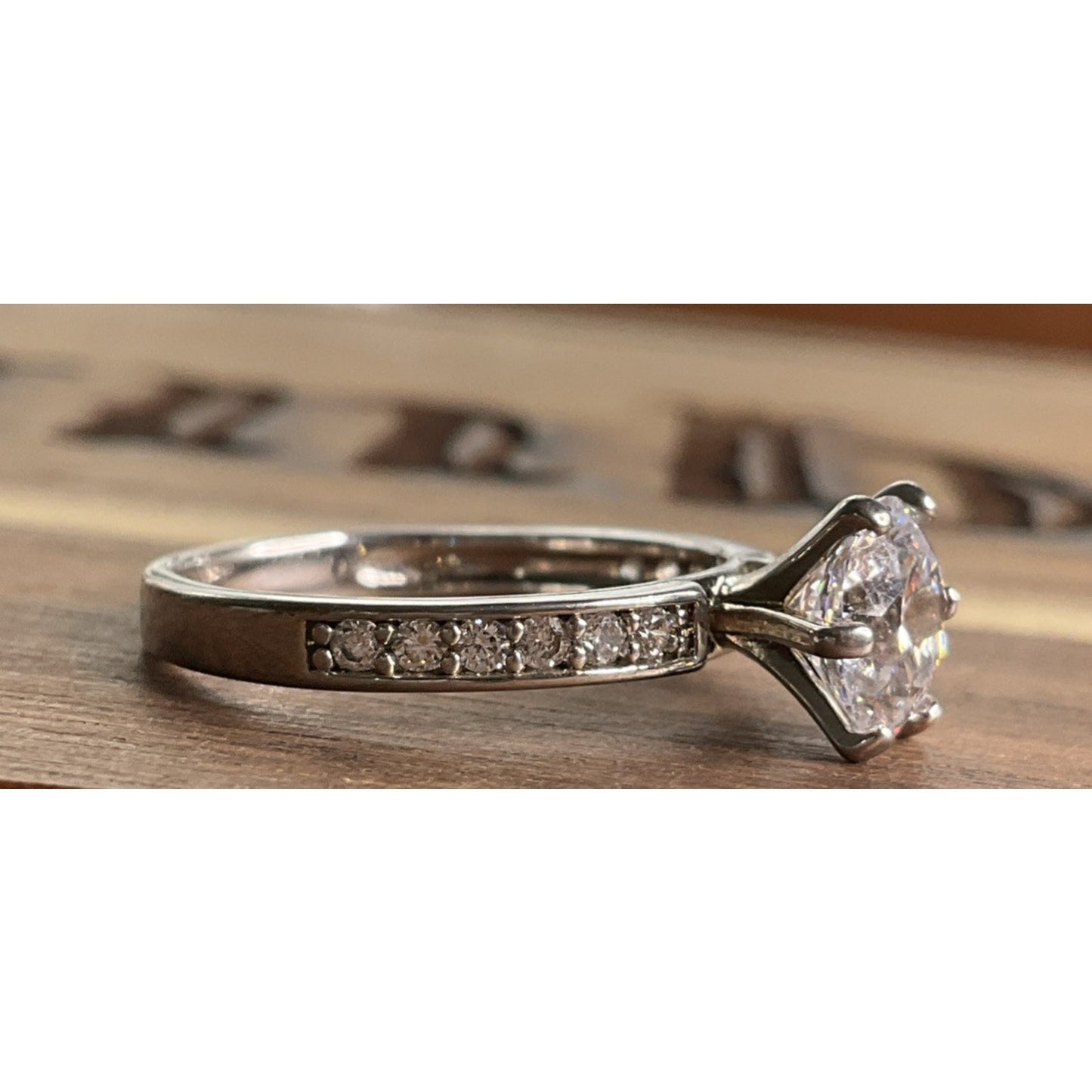 SU Sterling Silver Glass Solitaire Ring Moissanite Accents Size 6.5