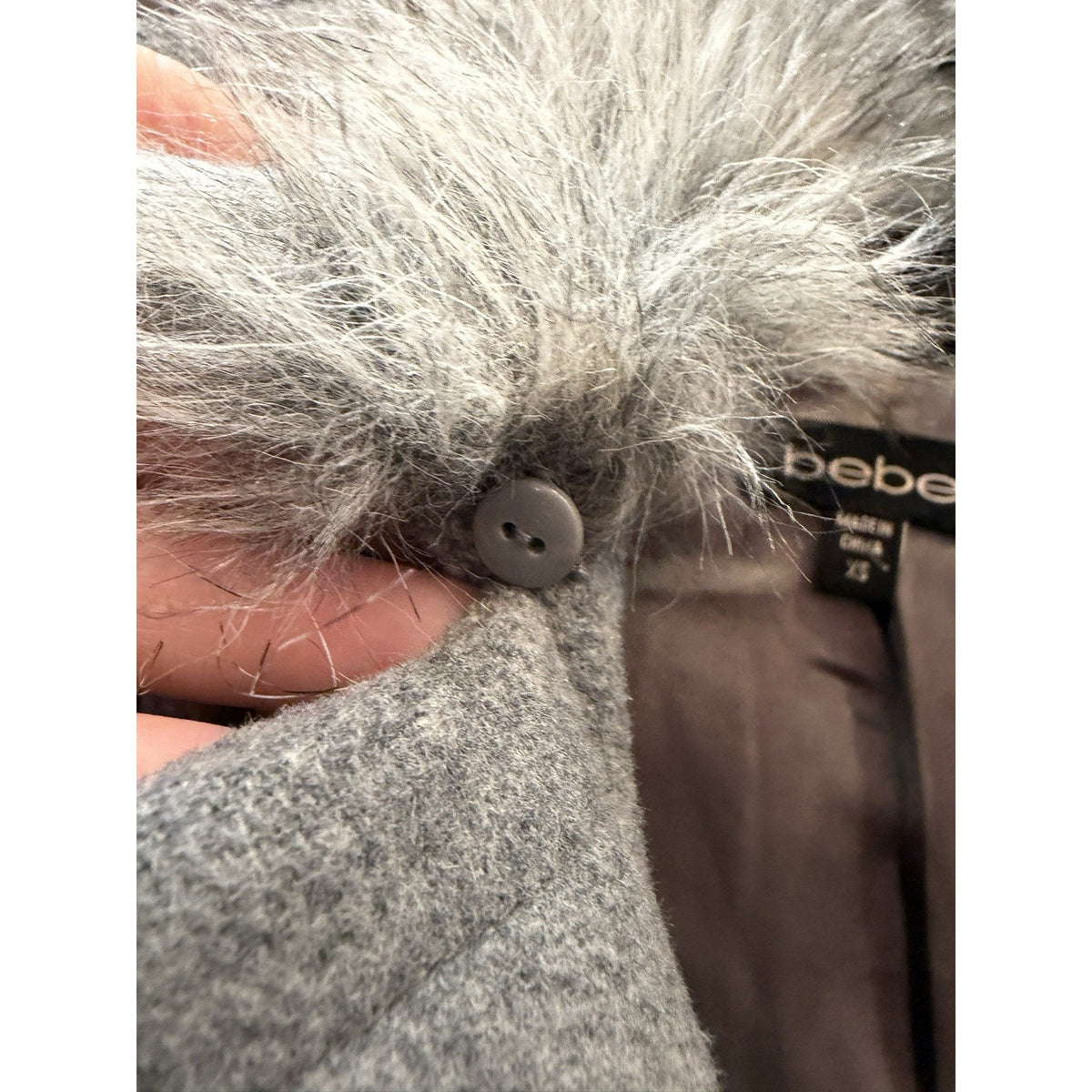 Bebe Women’s XS Gray Faux Fur Trim Long Coat Belted Statement Winter Jacket