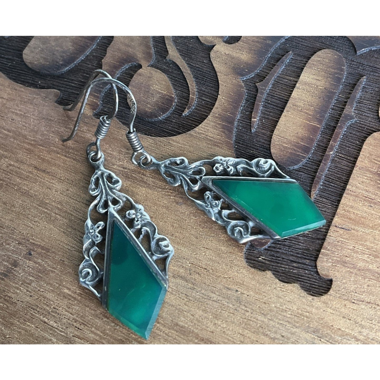 Vintage Green Onyx Art Nouveau Vines Sterling Silver Earrings