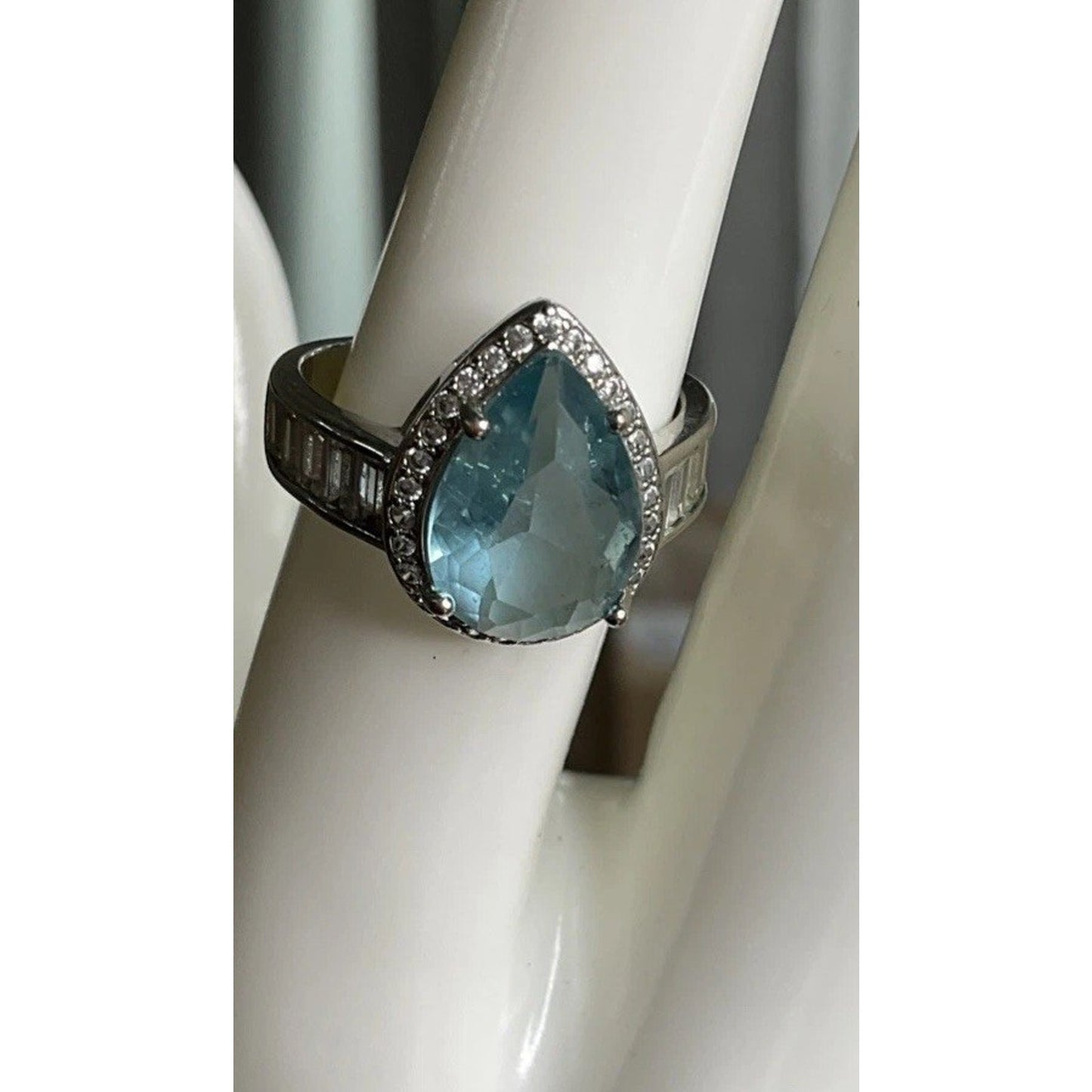 Vintage Blue Pear Cut Gemstone Halo Ring Sterling Silver Statement Ring Size 7