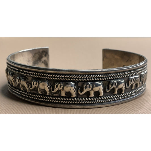 925 Sterling Silver Elephant Cuff Bracelet 27g Oxidized Rope Detail Vintage