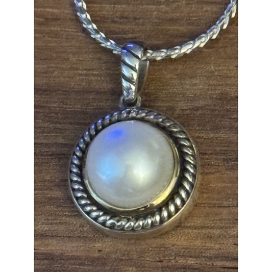 Vintage Sterling Silver & 14K Genuine Pearl Roped Pendant Necklace ATR 24”
