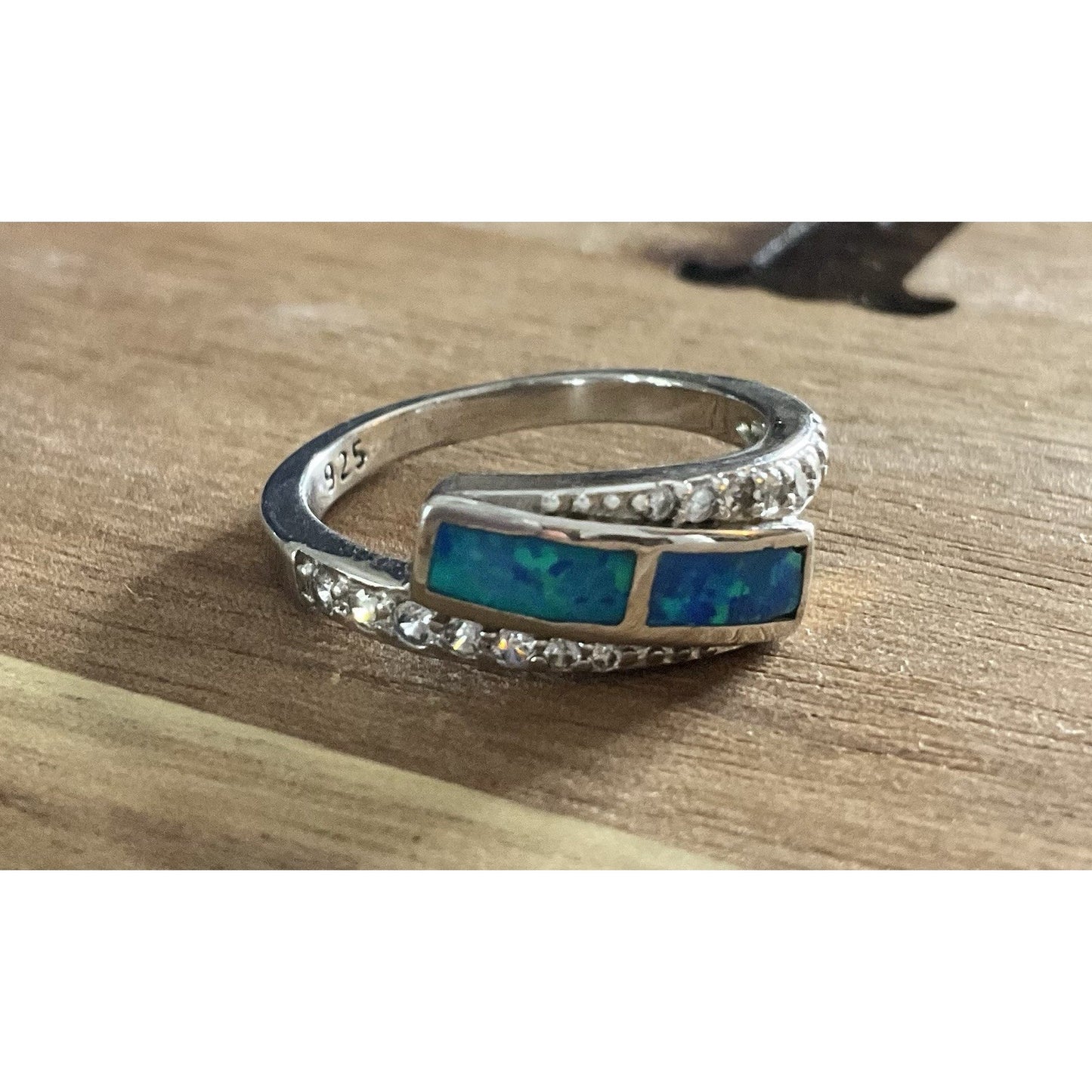 Sterling Silver Blue Opal Inlay Ring Size 6 CZ Accent Wrap Ring