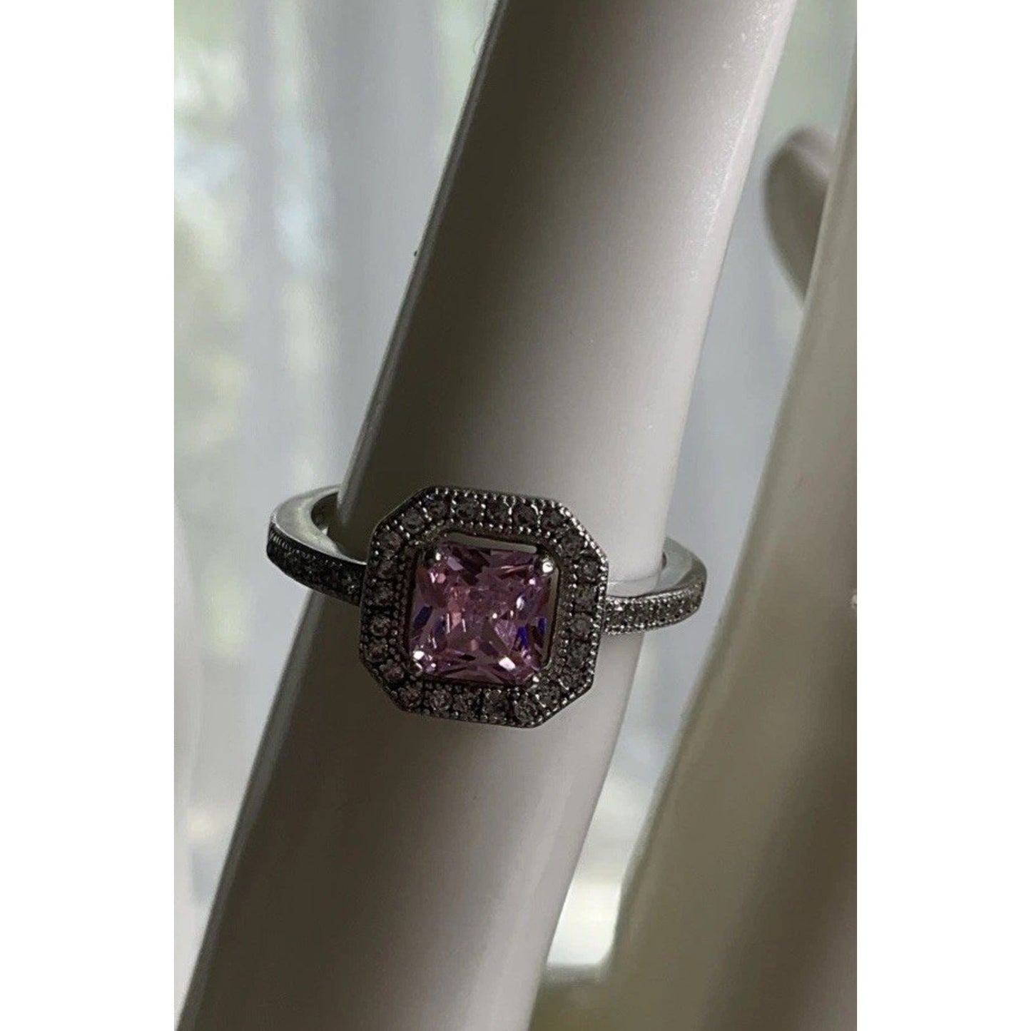 Sterling Silver Pink Stone Halo Ring Size 6 Princess Cut Engagement Style 925
