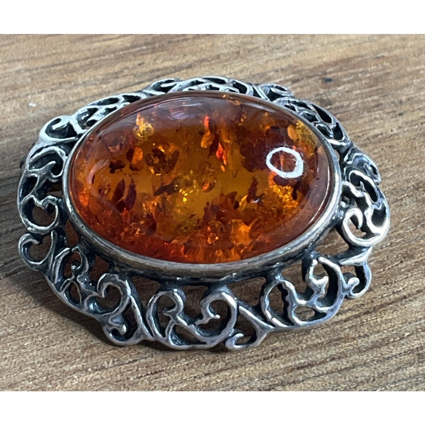 Vintage Baltic Amber Sterling Silver Oval Filigree Brooch Pin Victorian Art Deco