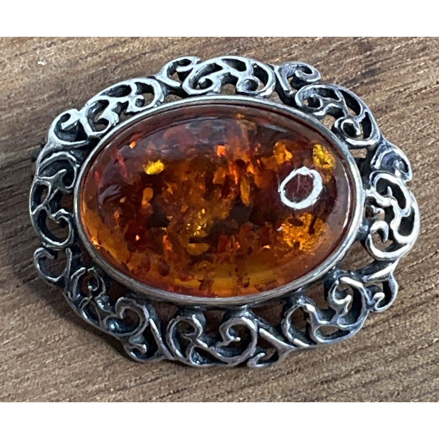 Vintage Baltic Amber Sterling Silver Oval Filigree Brooch Pin Victorian Art Deco
