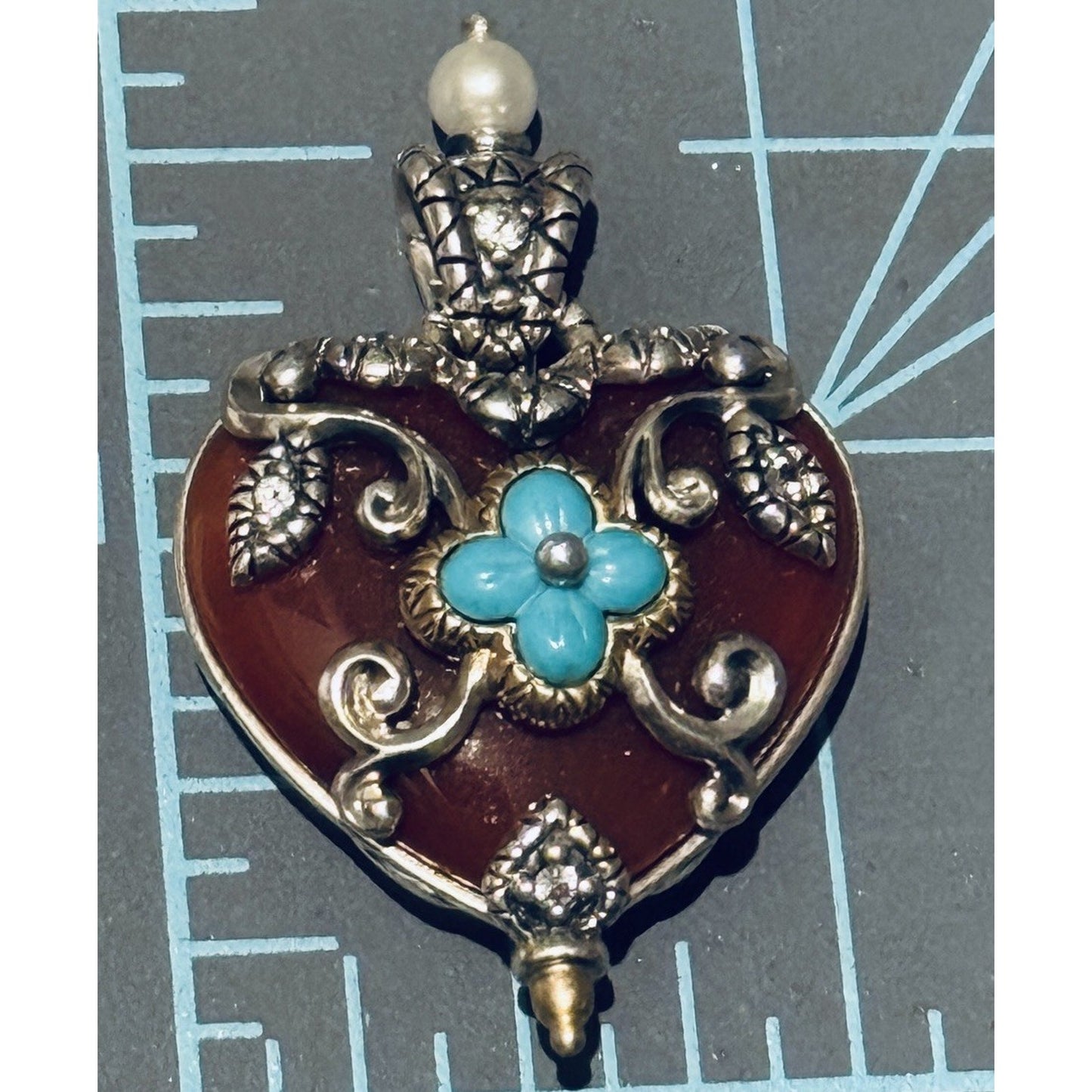 Vintage Barbara Bixby 18K & 925 Sterling Carnelian Turquoise Pearl Heart Pendant
