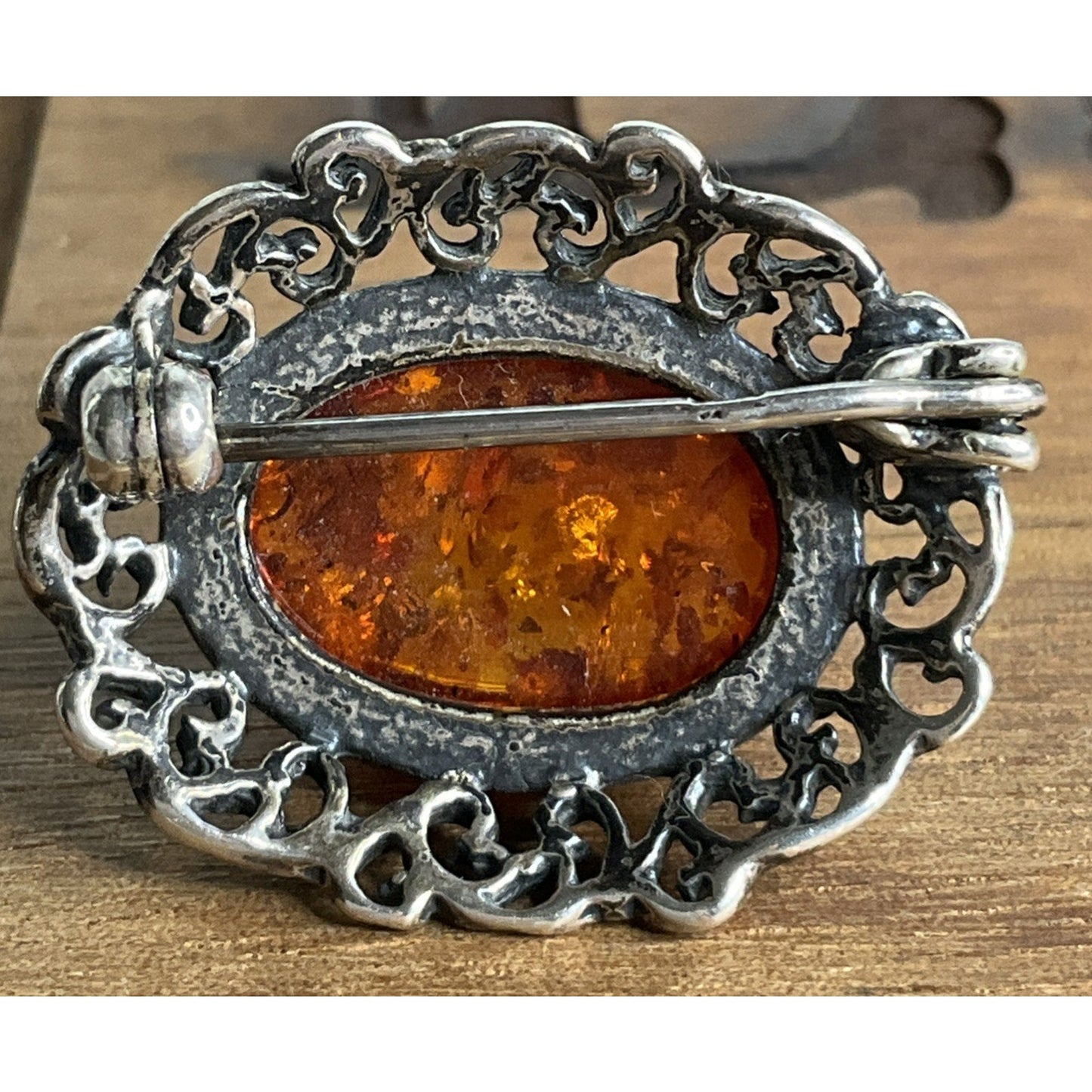 Vintage Baltic Amber Sterling Silver Oval Filigree Brooch Pin Victorian Art Deco
