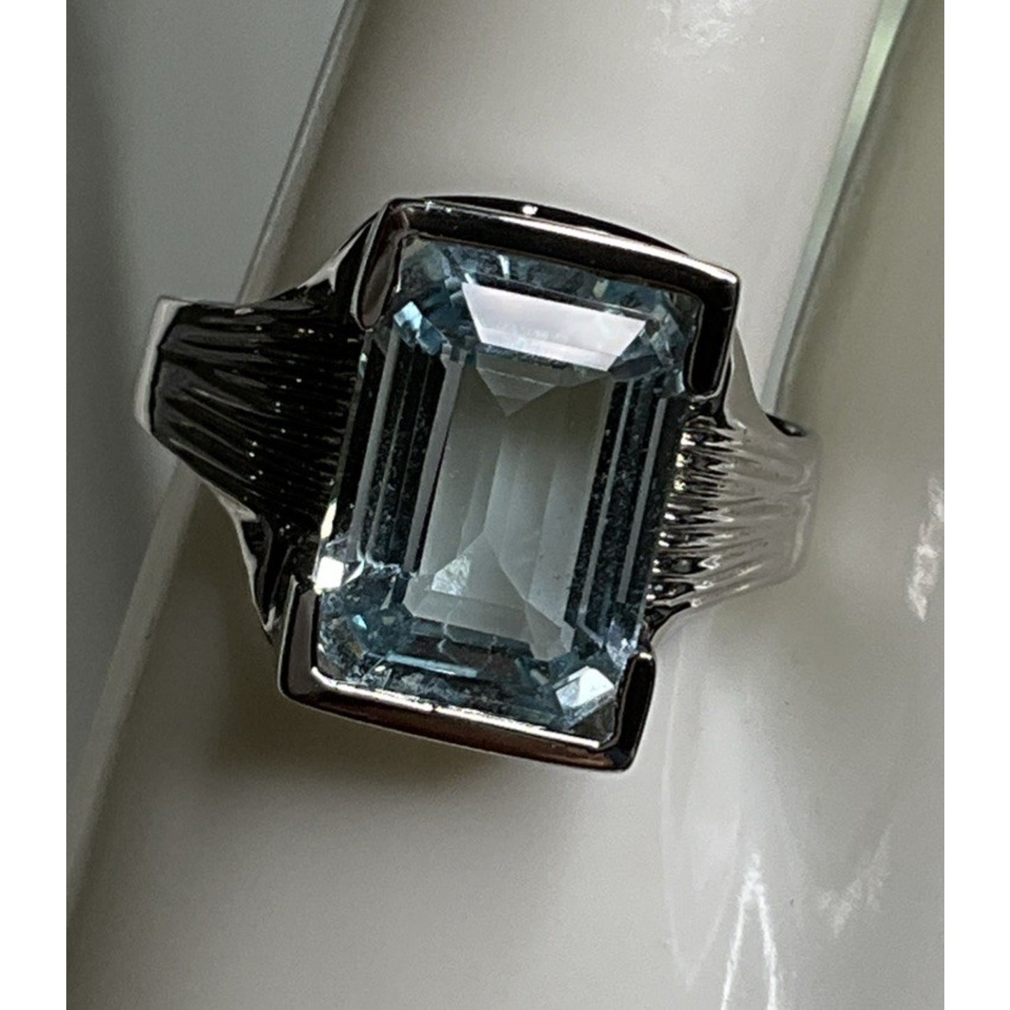 Vintage Sterling Silver Emerald Cut Blue Topaz Ring Statement Gemstone Sz 12.5