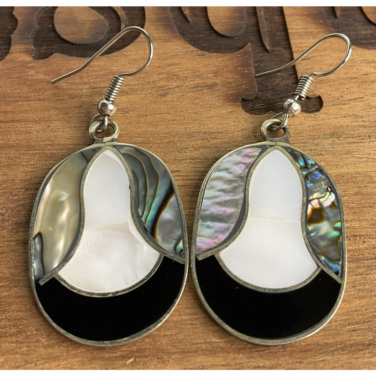 Vintage Alpaca Sterling Silver Mother of Pearl Abalone Inlay Dangle Earrings
