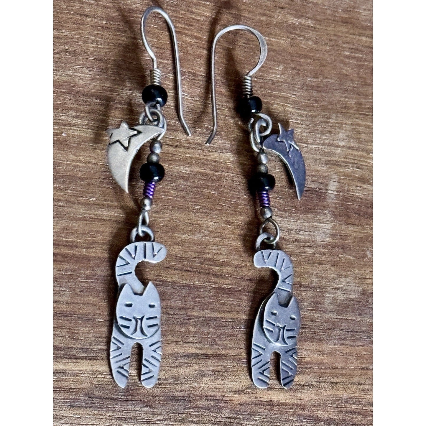 Vintage Far Fetched Sterling Silver Cat Moon Dangle Earrings Black Onyx Artisan